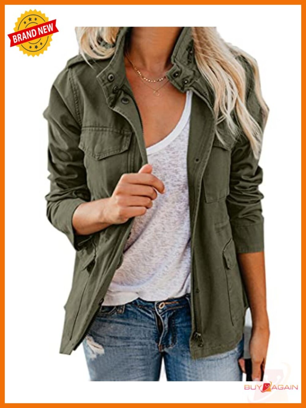 Women's Cotton Utility Safari Jacket Zip Up Military Stand Collar